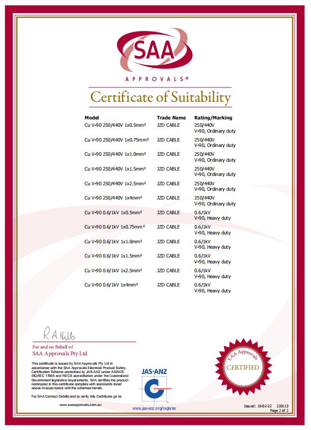 建圳達單芯軟電纜SAA認證-證書圖片